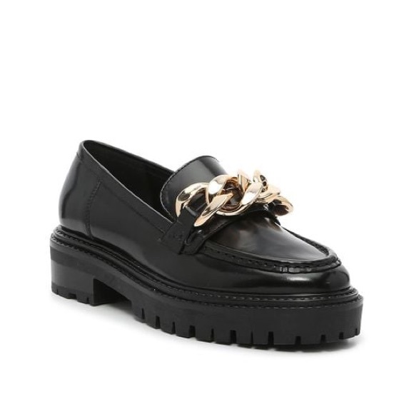 Steve Madden Makira Black Chunky Loafers with Gold Chain Size 8.5 - Picture 2 of 9